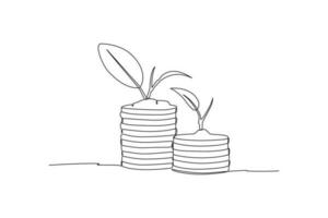 Continuous one-line drawing pile of money and plants. Financial literacy concept single line drawing design graphic vector illustration