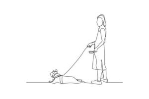 Single one-line drawing woman giving her pet food. Urban pet concept. Continuous line draw design graphic vector illustration.