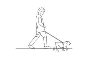 Single one-line drawing a boy walking with his puppy. Urban pet concept. Continuous line draw design graphic vector illustration.