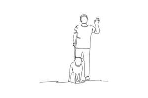 soltero una línea dibujo un hombre saludo mientras que lleva un perro. urbano mascota concepto. continuo línea dibujar diseño gráfico vector ilustración.