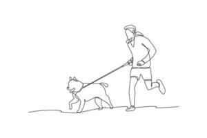 soltero una línea dibujo un hombre corriendo con su perro. urbano mascota concepto. continuo línea dibujar diseño gráfico vector ilustración.