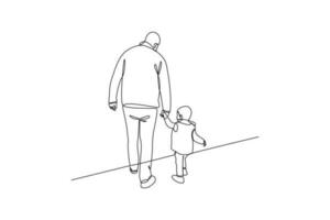 Single one-line drawing child walks with his dad. Father's Day concept. Continuous line draw design graphic vector illustration.