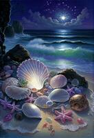 painting of shells and starfish on a beach. . photo