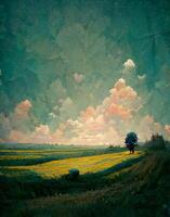 painting of a field with a lone tree. . photo