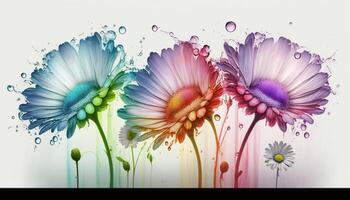 three colorful flowers with water droplets on them against a white background. . photo