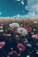 field of flowers with a blue sky in the background. . photo