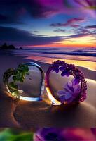 couple of glass vases sitting on top of a sandy beach. . photo