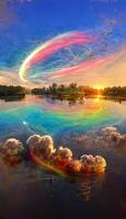 large body of water with a rainbow in the sky. . photo