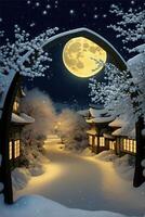 snowy night with a full moon in the sky. . photo