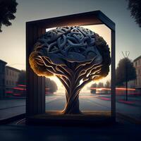 there is a sculpture of brain in box on the street. . photo