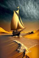 there is a sailboat sailing on the water in desert. . photo