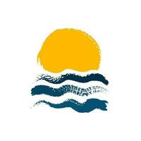 Vector grunge sunset in the ocean isolated on the white background. Summer poster design. Sun and waves on the sea. Brush ink colorful style.