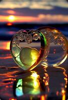 glass heart sitting on top of a sandy beach. . photo