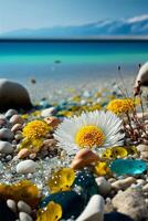 cerca arriba de rocas y flores en un playa. generativo ai. foto