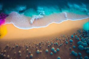 grande cuerpo de agua siguiente a un arenoso playa. generativo ai. foto