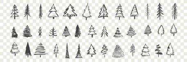 Hand drawn christmas trees set. Scribbles, doodles. Collection of pencil various scattered christmas trees. Sketches of different coniferous tree isolated on checkered background. New year symbol. vector