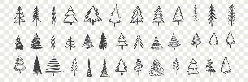 Hand drawn christmas trees set. Scribbles, doodles. Collection of pencil various scattered christmas trees. Sketches of different coniferous tree isolated on checkered background. New year symbol.
