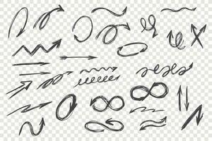 Doodle arrows set. Curved scribble arrow, sketch pointer line, doodle collection. Round, twisted navigation symbol. Direction arrowhead, linear icons compilation on checkered background. Vector