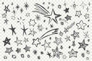 varios mano dibujado estrellas colocar. colección de negro garabatear Escribiendo estrellas. paquete de varios bolígrafo o lápiz dibujado patrón, ser único elementos en a cuadros antecedentes. vector ilustración