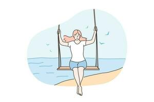 Travelling, summer vacation concept. Young happy woman or girl traveler tourist cartoon character swinging at ocean coast. Summer rest fun or recreation on sea beach and active lifestyle illustration. vector