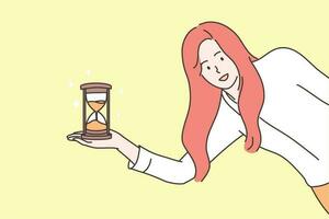 Time management, business concept. Young smiling businesswoman girl clerk manager cartoon character standing with sand glass clock and looking at camera. Work delay or project deadline illustration. vector