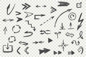 Set of hand drawn arrows. Curved scribble arrow, sketch pointer line, doodle. Round twisted navigation symbol. Direction arrowhead, motion index, icon pack on checkered background. Vector illustration