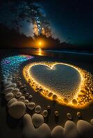 heart made out of rocks on a beach at night. . photo