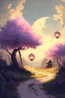 painting of two lanterns hanging from a tree. . photo