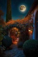 a view of pathway leading to garden with full moon. . photo