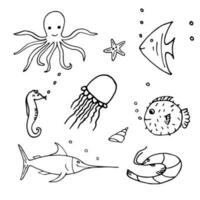 Vector illustration of Sea life. Set with doodle funny sea animals. Coloring page for kids