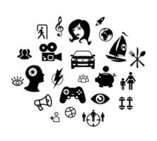 Icons, material values and consumer goods. Lifestyle and hobbies. The card of the desires of a man. Dreams of men. Yachts, cars, money and more. Signs and symbols for design. vector