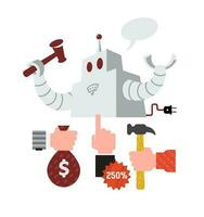 Robot with a hammer. Image of automated auctions. Vector. Hand with a bag of dollars and other items. All elements are isolated on a white background. Flat style. vector