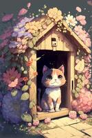 cat that is sitting in a dog house. . photo