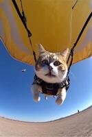cat that is in the air with a parachute. . photo