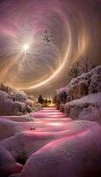 path in the middle of a snow covered field. . photo