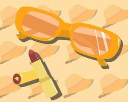 Fashion pin. Lipstick, orange luxury sunglasses, hat background Isolated bezh background, Flat design Vector