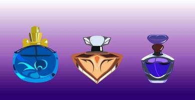 Flat icon set of parfume bottles. Man and women fragrances in various shaped bottles vector