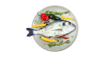 Fresco dorado pescado con vegetal rebanadas en transparente antecedentes png