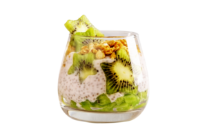 Tasty chia pudding glass with kiwi on transparent background png