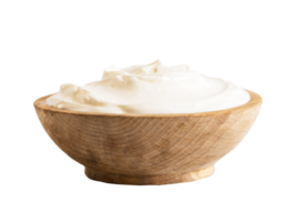 Fresh greek yogurt in wooden bowl with transparent background png