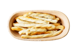 Freshly baked Italian bread sticks in bowl on transparent background png