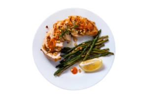 Fresh grilled chicken breast with grilled asparagus on transparent background png