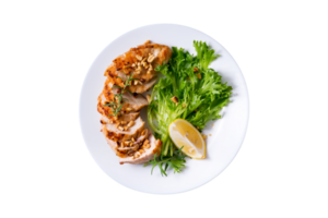 Tasty grilled chicken breast fillet with asparagus and lemon slice on transparent background png