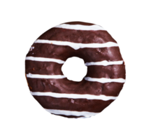 Chocolate glazed donut with white strips on transparent background png