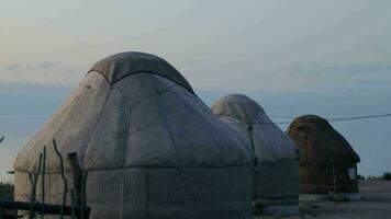 tradicional quirguiz yurt acampamento em a costa do issyk kul, Quirguistão video