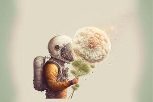 man in a gas mask holding a dandelion. . photo