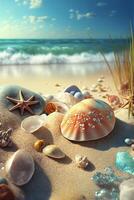 ells y estrellas de mar en un arenoso playa cerca el océano. generativo ai. foto