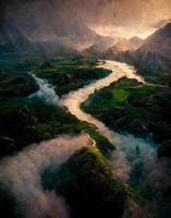 river running through a lush green valley. . photo