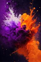 purple and orange explosion of paint on a black background. . photo