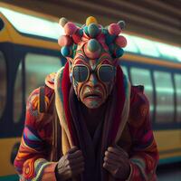 man dressed as a clown standing in front of a bus. . photo